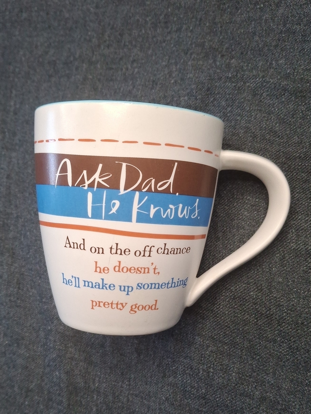 Hallmark White Mug with Blue and Brown Stripes and Quote
